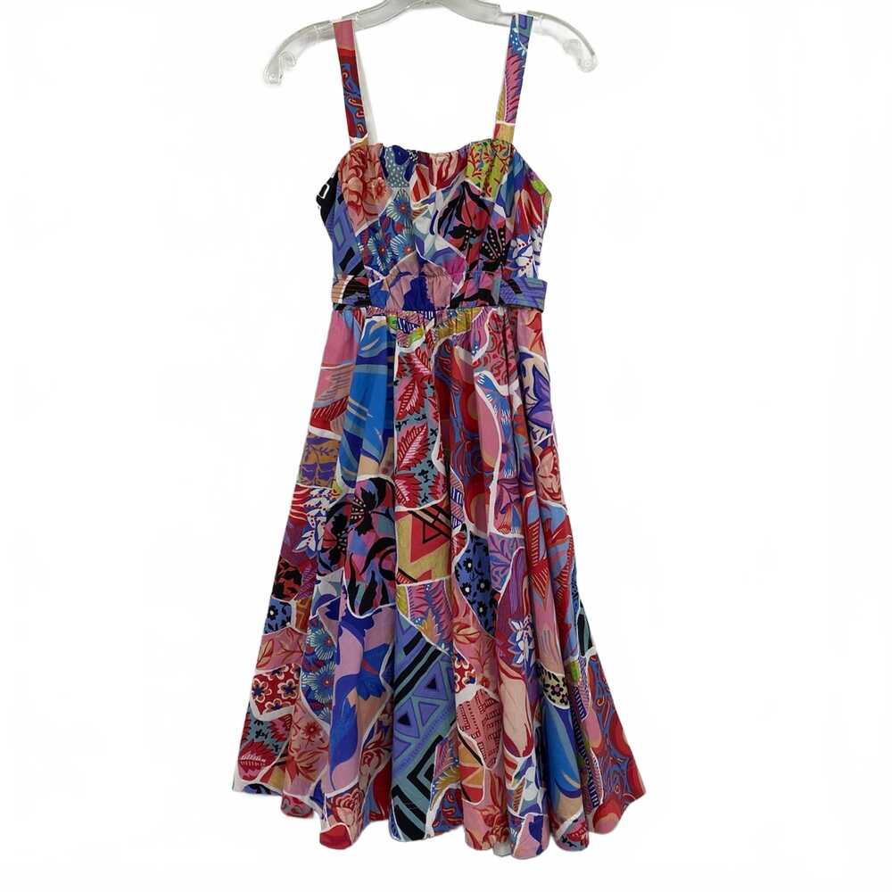 Alexandra Farmer Blue-Red Multi-Patterned A-Line Midi Dress | Petite 0P